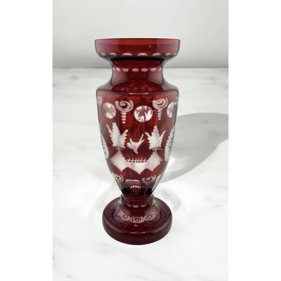 Antique Egermann Ruby Red cut to Clear Crystal Vase Bohemian 1920s Czech Rep - Picture 1 of 10
